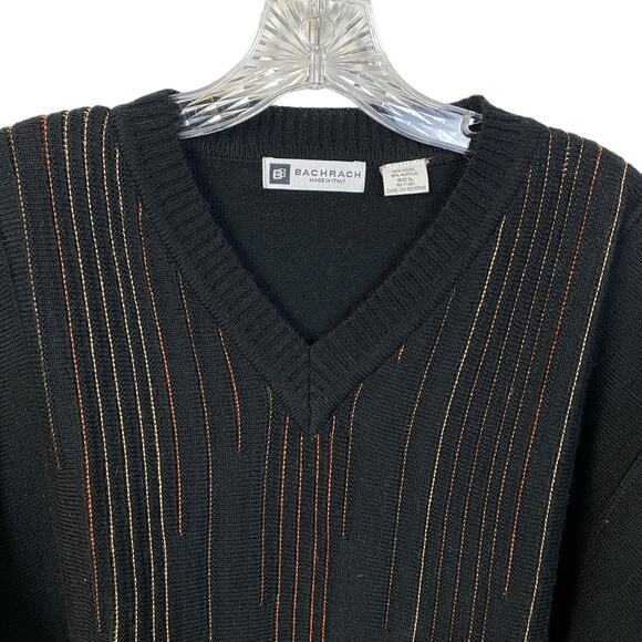 Vintage Men's BACHARACH XL Wool Acrylic Sweater Made in Italy Black V-Neck - Picture 2 of 10
